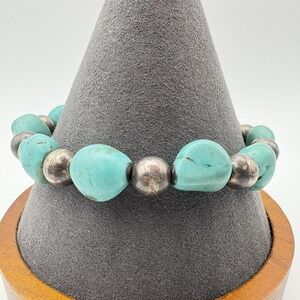 Turquoise Nugget Beaded Bracelet Sterling Silver 7.25in Toggle Blue Chunky
